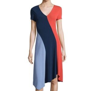 Tory Burch Walden Colorblock Asymmetrical Dress Blue Orange Stretch | Small